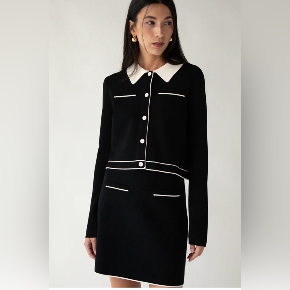 OAK + FORT Black Knit Cardigan + Skirt with White Trim